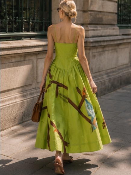 Farm Rio Lime Green Maxi Dress With Blue Bird Print